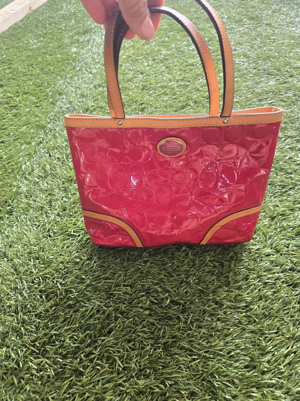 COACH Glossy Red Patent Mini Tote with Tan Trim